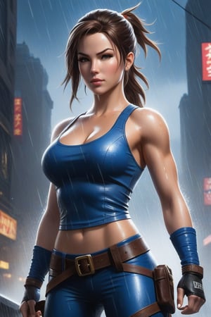 Full body of a woman a woman standing in the rain, muscular sweat lara croft, like artgerm, with hair on her head of vegeta, viking, inspired by Greg Hildebrandt, kickboxer fighter, on the cover of Fallout, beautiful woman, belle delphine, concept image, xqc, orianna, inspired by john avon, flying silk, standing and invincible, high damage, french bob, anatomy skills, in the near future, in the foretold sky, discord profile picture, female and muscular, anime aesthetic, app icon quotes, hyperrealistic teenager, inspired by David Park, by Gu Hongzhong.