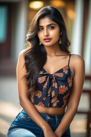 23 year old indian girl, ralistic, cute face, curve attractive figure, long and black hair, black eye, bow shape lips, wear top and jeanse, siting near wind in house, super model, people enjyoing in backgroung.