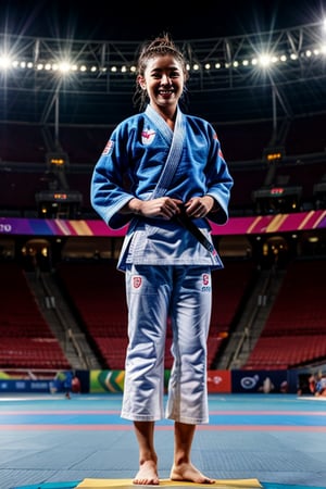 Full body shot of an Asian judoka, her look is radiating confidence and joy. The gleaming Paris 2024 stadium lights reflect off her medals, casting a warm glow. She is surrounded by the electric atmosphere of the packed arena.