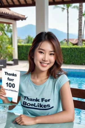 Realistic upper body photo of a young Asian woman holding a poster with text saying "Thanks for 100 likes", wearing casual shirt, sitting on dining table at the villa by the pool, (((photorealism:1.4))), happy smile, skinny face, best quality, photography quality, 8k,Extremely Realistic,more detail XL, text,