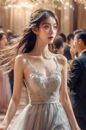 Medium shot of small skinny pretty young Asian with very long straight hair wearing grand bridesmaids dress in wedding reception, magical, beautiful, aesthetic, fair skin, More Reasonable Details,,Masterpiece, photographic quality,more detail XL