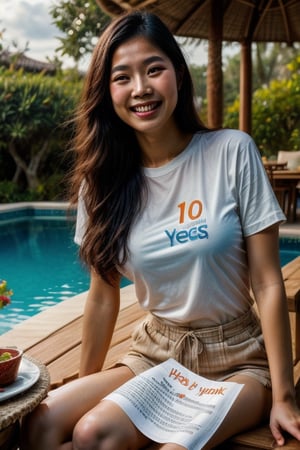 Realistic upper body photo of a young Asian woman holding a poster with text saying "Thanks for 100 likes", wearing casual shirt, sitting on dining table at the villa by the pool, (((photorealism:1.4))), happy smile, best quality, photography quality, 8k,Extremely Realistic,more detail XL, text,Add more details ++3