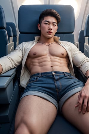 masterpiece, 1 slim boy, 28 years old, Look at me, young Asian boys, Handsome brown hair Asian boys,, Thick body hair, wearing casual warm clothes and jean shorts, laying on airplane sofa, lying on the airplane chair, . In an aeroplane, in an airplane background, cinematic lighting, UHD,Extra Realistic XL,flash