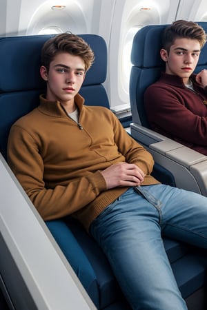 masterpiece, 1 slim boy, 18 years old, Look at me, young boys, Handsome brown hair boys,, wearing casual warm clothes, laying on airplane sofa, lying on the airplane chair, . In an aeroplane, in an airplane background, cinematic lighting, UHD,Extra Realistic XL,flash