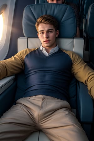 masterpiece, 1 slim boy, 28 years old, Look at me, young boys, Handsome brown hair boys,, wearing casual warm clothes, laying on airplane sofa, lying on the airplane chair, . In an aeroplane, in an airplane background, cinematic lighting, UHD,Extra Realistic XL,flash