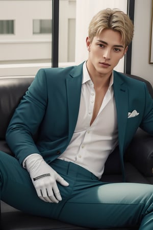 loid_forger, solo, looking at viewer, short hair, blue eyes, blonde hair, gloves, 1boy, jacket, white shirt, male focus, black gloves, pants, indoors, spread legs, open jacket, muscular, formal, abs, suit, pectorals, couch, green jacket, unbuttoned, green pants, 