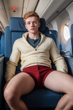 masterpiece, 1 slim boy, 18 years old, Look at me, young boys, Handsome ginger hair boys, white pale skin, wearing casual warm clothes, laying on airplane sofa, lying on the airplane chair, . In an aeroplane, in an airplane background, cinematic lighting, UHD,Extra Realistic XL,flash