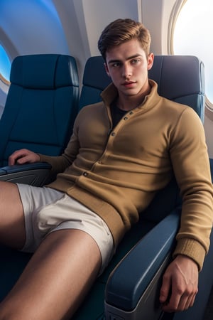 masterpiece, 1 slim boy, 28 years old, Look at me, young boys, Handsome brown hair boys,, wearing casual warm clothes, laying on airplane sofa, lying on the airplane chair, . In an aeroplane, in an airplane background, cinematic lighting, UHD,Extra Realistic XL,flash