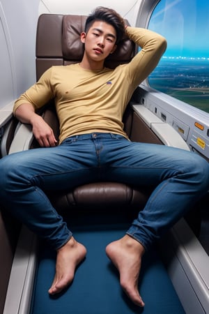 masterpiece, 1 slim boy, 28 years old, Look at me, young Asian boys, Handsome brown hair Asian boys,, wearing casual warm clothes, t shirt and jean, laying on airplane sofa, lying on the airplane chair, . In an aeroplane, in an airplane background, cinematic lighting, UHD,Extra Realistic XL,flash
