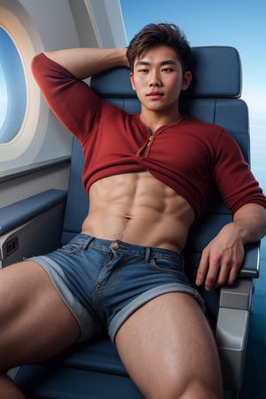 masterpiece, 1 slim boy, 28 years old, Look at me, young Asian boys, Handsome brown hair Asian boys,, Thick body hair, wearing casual warm clothes and jean shorts, laying on airplane sofa, lying on the airplane chair, . In an aeroplane, in an airplane background, cinematic lighting, UHD,Extra Realistic XL,flash
