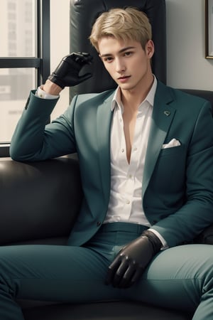 loid_forger, solo, looking at viewer, short hair, blue eyes, blonde hair, gloves, 1boy, jacket, white shirt, male focus, black gloves, pants, indoors, spread legs, open jacket, muscular, formal, abs, suit, pectorals, couch, green jacket, unbuttoned, green pants, 