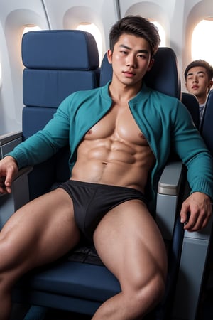 masterpiece, 1 slim boy, 28 years old, Look at me, young Asian boys, Handsome brown hair Asian boys,, Thick body hair, wearing casual warm clothes, laying on airplane sofa, lying on the airplane chair, . In an aeroplane, in an airplane background, cinematic lighting, UHD,Extra Realistic XL,flash