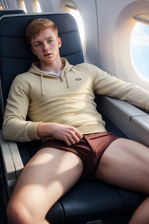 masterpiece, 1 slim boy, 18 years old, Look at me, young boys, Handsome ginger hair boys, white pale skin, wearing casual warm clothes, laying on airplane sofa, lying on the airplane chair, . In an aeroplane, in an airplane background, cinematic lighting, UHD,Extra Realistic XL,flash