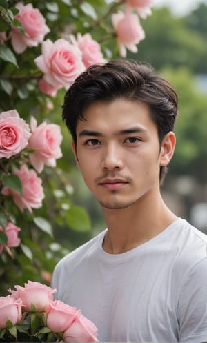 solo, looking at viewer, short hair, shirt, black hair, 1boy, white shirt, upper body, flower, short sleeves, male focus, outdoors, day, blurry, black eyes, blurry background, rose, facial hair, t-shirt, pink flower, bouquet, realistic, pink rose,Handsome  Taiwanese 