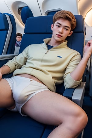 masterpiece, 1 slim boy, 18 years old, Look at me, young boys, Handsome ginger hair Asian boys, white pale skin, wearing casual warm clothes, laying on airplane sofa, lying on the airplane chair, . In an aeroplane, in an airplane background, cinematic lighting, UHD,Extra Realistic XL,flash