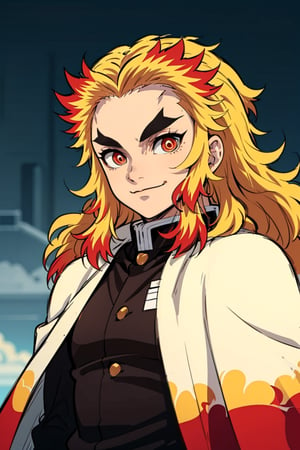 solo, long hair, looking at viewer, smile, blonde hair, red eyes, 1boy, closed mouth, jacket, upper body, weapon, male focus, red hair, multicolored hair, sword, cape, orange hair, two-tone hair, black jacket, thick eyebrows, white cape, demon slayer uniform, forked eyebrows, rengoku kyoujurou