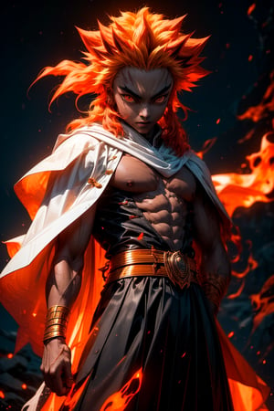 sharp focus, dynamic, (natural skin texture, hyperrealism:1.25), (skinny:1.25),portrait of Kyojuro , 1boy , glowing eyes, looking at viewer, serius face, empty look, dinamic pose, dinamic hair, strong wind, orange hair-streaks, very low angle, looking at camera, pale skin, staring, constricted pupils, fire background, fire-storm,rengoku kyoujurou, 
white cape, fire streaks,r1ge, full body