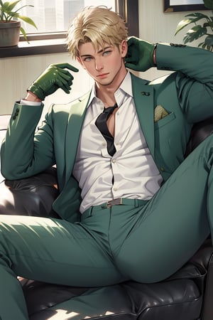 loid_forger, solo, looking at viewer, short hair, blue eyes, blonde hair, gloves, 1boy, jacket, white shirt, male focus, black gloves, pants, indoors, spread legs, open jacket, muscular, formal, abs, suit, pectorals, couch, green jacket, unbuttoned, green pants, 