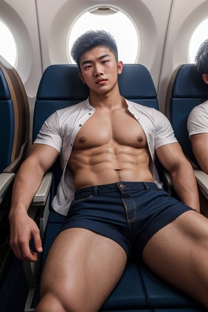 masterpiece, 1 slim boy, 18 years old, Look at me, young Asian boys, Handsome brown hair Asian boys,, Thick body hair, wearing casual clothes, laying on airplane sofa, lying on the airplane chair, . In an aeroplane, in an airplane background, cinematic lighting, UHD,Extra Realistic XL,flash