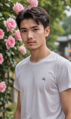 solo, looking at viewer, short hair, shirt, black hair, 1boy, white shirt, upper body, flower, short sleeves, male focus, outdoors, day, blurry, black eyes, blurry background, rose, facial hair, t-shirt, pink flower, bouquet, realistic, pink rose,Handsome  Taiwanese 