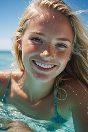 long hair, looking at viewer, smile, blonde hair, light blue eyes, braid, teeth, grin, freckles, real faceA serene 35mm moment: A woman's joyful form emerges from the crystal clear waters as she bathes in the sea, surrounded by a brilliant blue sky and warm sun rays that dance across her skin. Water droplets glisten on her shoulders and hair, refracting sunlight into tiny diamonds. The perfect capture freezes the tranquility of this idyllic scene.