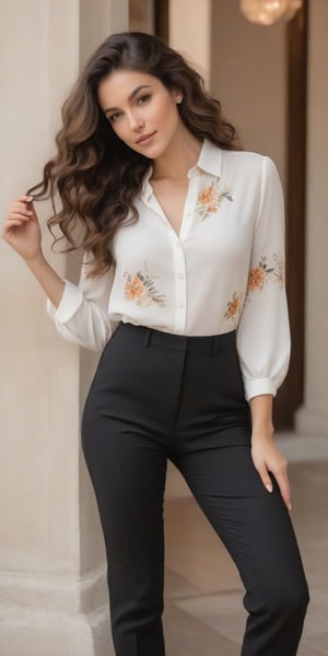 A French girl posing confidently in a full-body shot, dressed in a stylish outfit featuring a fitted white blouse with a subtle floral pattern and high-waisted black pants. Her long, curly brown hair cascades down her back as she stands with one leg slightly in front of the other, showcasing her elegance and poise. The background is a soft, creamy color, providing a warm and inviting atmosphere.
