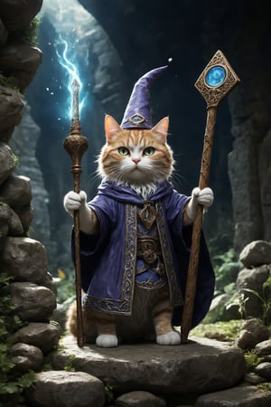 A wizard cat waves a staff in a rune-covered stone chamber.