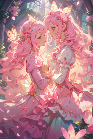 princess, pink hair, pink eyes, pink dress, long hair, flowing hair, gentle smile, graceful, elegant, beautiful, delicate features, rose-themed, floral accents, magical aura, fantasy setting, soft lighting, magical glow, whimsical, dreamlike, enchanting atmosphere, storybook-like, fairytale-inspired, surrounded by nature, magical creatures, enchanting forest, glowing flowers, butterfly accessories, delicate butterfly wings, gentle breeze, flowing dress, peaceful, serene, magical powers, glowing eyes, magical symbols, enchanted rose, fairy tale castle, magical landscape, fantasy art, masterwork, high quality, ultra-detailed, ethereal beauty, otherworldly, fantasy lighting."