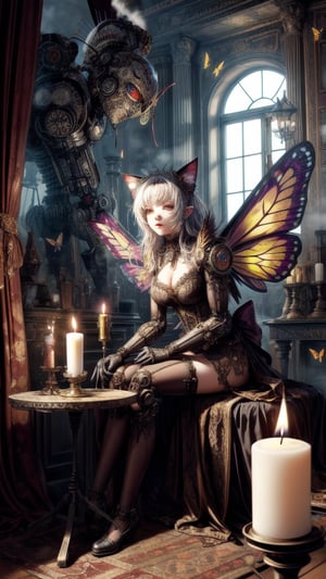 Steampunk Faery Girl,  Butterfly Wings, robot Cat, in a candle lit room ,STEAM PUNK