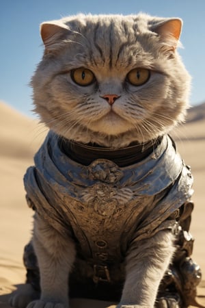 A close-up shot captures a fierce Scottish Fold cat, clad in a worn stillsuit, its fur fluffed with dust and sweat as it claws at the sandy dunes of Arrrakis. The sun beats down, casting a warm glow on the desert terrain as the cat's eyes blaze with determination. Movie（Dune）