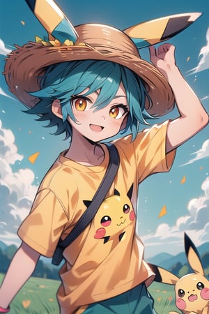 A cute Pikachu transformed into a human version. He is a young, cheerful boy wearing yellow clothes with black stripes and long ears. He has a hat with Pikachu ears on his head. His face has two red cheeks, his eyes are large and expressive, full of energy and playfulness. He is in a scene with green grass and blue sky, with elements of the Pokémon world faintly visible in the background.
