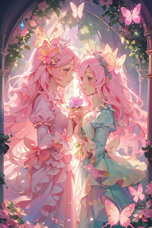 princess, pink hair, pink eyes, pink dress, long hair, flowing hair, gentle smile, graceful, elegant, beautiful, delicate features, rose-themed, floral accents, magical aura, fantasy setting, soft lighting, magical glow, whimsical, dreamlike, enchanting atmosphere, storybook-like, fairytale-inspired, surrounded by nature, magical creatures, enchanting forest, glowing flowers, butterfly accessories, delicate butterfly wings, gentle breeze, flowing dress, peaceful, serene, magical powers, glowing eyes, magical symbols, enchanted rose, fairy tale castle, magical landscape, fantasy art, masterwork, high quality, ultra-detailed, ethereal beauty, otherworldly, fantasy lighting."