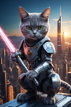 A cyborg cat polishes its metallic claws, wielding a laser sword against the skyline of a futuristic city.