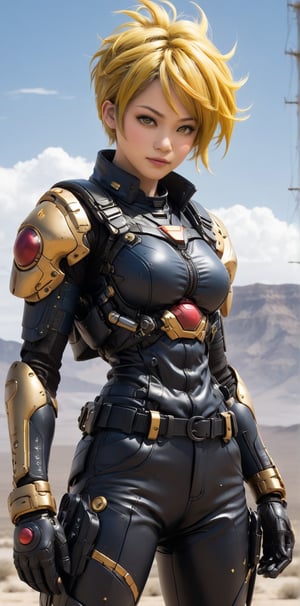 Shoulder-length short hair blowing in the wind, with a bright golden color and a few purple highlights.
Wearing a tight combat outfit with a black leather vest and dark blue combat pants, paired with high boots.
Character Name： (Bulma)
 Expression：With a confident smile, her eyes revealing determination and bravery.
Background：Standing in a desolate desert with two suns high in the sky.
This character is named Bulma, with shoulder-length bright golden hair and a few purple highlights making her stand out. She wears a black leather vest and dark blue combat pants, showing her indomitable fighting spirit. Standing in a desolate desert with two suns shining in the sky, her confident smile and determined eyes convey her fearlessness in the face of any challenge.