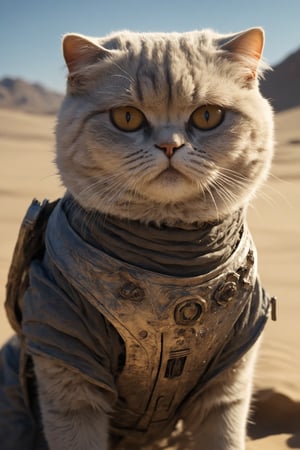 A close-up shot captures a fierce Scottish Fold cat, clad in a worn stillsuit, its fur fluffed with dust and sweat as it claws at the sandy dunes of Arrrakis. The sun beats down, casting a warm glow on the desert terrain as the cat's eyes blaze with determination. Movie（Dune）