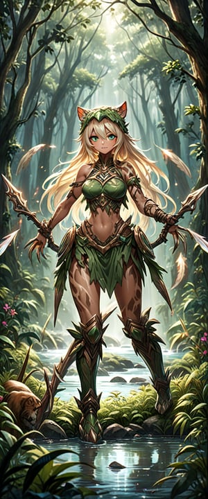 League of Legends - Detailed Description of Nidalee
Character Background
Nidalee is a wild huntress who lives deep in the jungle and possesses the ability to communicate with beasts. She is an excellent tracker, known for her agility and cunning. Nidalee has learned to utilize the environment and natural forces to track prey and defeat enemies in the wild, instilling awe in people for the power of wilderness and nature.

Appearance
Nidalee is a tall and slender female huntress with long golden hair and deep green eyes, symbolizing her wild nature. Her body is toned, radiating strength and agility, showcasing her hunting instincts in the jungle.

Outfit Description
Nidalee's attire blends primitive and wild elements, reflecting her identity as a huntress. She wears a lightweight outfit made of animal hides and wrapped plants, providing both camouflage and agility in the jungle.

Her shoulders and waist are adorned with rich animal bones and feathers, collected as trophies from her prey, while also serving as her respect and homage to the natural world. Her arms and legs are covered with simple leather wrist and knee guards, protecting her vital points in battle.

Nidalee wields a finely crafted bone spear, one of her primary weapons. The spear's tip glimmers with cold light, displaying its lethality and precision. She also carries a set of sharp claws, her close-range weapon in combat, capable of easily tearing through enemy defenses.

Weapons and Abilities
Nidalee's primary weapons are her bone spear and claws. She possesses powerful hunting skills, including Aspect of the Cougar and Primal Senses, enabling her to track and defeat any prey in the jungle. Her signature skill is "Javelin Toss," where she unleashes a deadly attack with her spear, repelling enemies and causing continuous damage.

Scene Description
Nidalee's scenes are typically set in jungles or wilderness, filled with wilderness and mystery. The background features dense forests, thick bushes, and rushing rivers, showcasing the power and grandeur of the natural world.

In these scenes, Nidalee roams through the forests, utilizing her hunting skills and wild instincts to track prey and defend her territory. Her figure moves gracefully among the trees, blending seamlessly with the environment as she searches for her next target.





