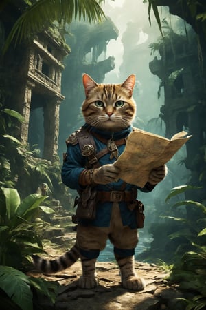 An explorer cat holds a map, clutching a dagger, amidst ancient ruins in a tropical jungle.