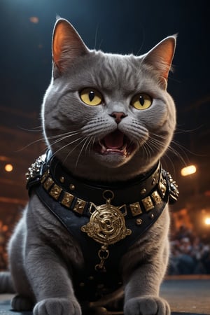 A close-up shot of a rugged British Shorthair cat's face contorts in frustration as it bangs its head to the music, wearing a black heavy metal T-shirt with metallic studs and a matching studded belt. The dimly lit, crowded concert hall's flashing stage lights cast an eerie glow on the feline's determined expression.