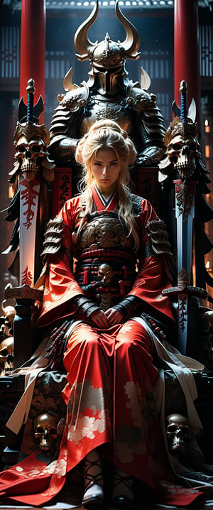 breathtaking RAW photo of female (Hayao Miyazaki style ~ ((20 years old)) Scandinavian blonde female warrior sitting on a bone throne, red armor, highly detailed and intricate, dynamic pose, more detail XL, tetradic colors, epic masterpiece, cinematic experience, 8k, dark fantasy digital art

)), dark and moody style, perfect face, outstretched perfect hands . masterpiece, professional, award-winning, intricate details, ultra high detailed, 64k, dramatic light, volumetric light, dynamic lighting, Epic, splash art .. ), by james jean $, roby dwi antono $, ross tran $. francis bacon $, michal mraz $, adrian ghenie $, petra cortright $, gerhard richter $, takato yamamoto $, ashley wood, tense atmospheric, , , , sooyaaa,IMGFIX,Comic Book-Style,Movie Aesthetic,action shot,photo r3al,bad quality image,oil painting, cinematic moviemaker style,Japan Vibes,H effect,koh_yunjung ,koh_yunjung,kwon-nara,sooyaaa,colorful,bones,skulls,armor,han-hyoju-xl ,DonMn1ghtm4reXL, ct-fujiii
,oiran,furisode,ct-jeniiii, ct-goeuun,yaya, HanFu,golden kimono,kamado nezuko,sword maiden,theresa apocalypse,koling,ct-rosseeiiee,ct-rosseeiiee,ct-virtual