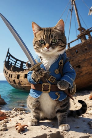 A pirate cat raises one paw, holding a scimitar, in the background of a seaside shipwreck.