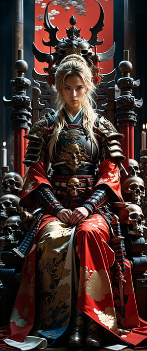 breathtaking RAW photo of female (Hayao Miyazaki style ~ ((20 years old)) Scandinavian blonde female warrior sitting on a bone throne, red armor, highly detailed and intricate, dynamic pose, more detail XL, tetradic colors, epic masterpiece, cinematic experience, 8k, dark fantasy digital art

)), dark and moody style, perfect face, outstretched perfect hands . masterpiece, professional, award-winning, intricate details, ultra high detailed, 64k, dramatic light, volumetric light, dynamic lighting, Epic, splash art .. ), by james jean $, roby dwi antono $, ross tran $. francis bacon $, michal mraz $, adrian ghenie $, petra cortright $, gerhard richter $, takato yamamoto $, ashley wood, tense atmospheric, , , , sooyaaa,IMGFIX,Comic Book-Style,Movie Aesthetic,action shot,photo r3al,bad quality image,oil painting, cinematic moviemaker style,Japan Vibes,H effect,koh_yunjung ,koh_yunjung,kwon-nara,sooyaaa,colorful,bones,skulls,armor,han-hyoju-xl ,DonMn1ghtm4reXL, ct-fujiii
,oiran,furisode,ct-jeniiii, ct-goeuun,yaya, HanFu,golden kimono,kamado nezuko,sword maiden,theresa apocalypse,koling,ct-rosseeiiee,ct-rosseeiiee,ct-virtual