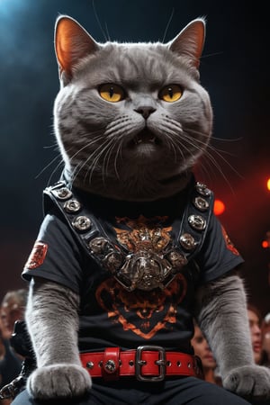 A close-up shot of a rebellious British Shorthair cat, sporting a heavy metal T-shirt with bold graphics and a studded belt, bangs its head in fervent appreciation as the mosh pit erupts on stage. The dimly lit concert hall's red glow and strobe lights cast an edgy atmosphere, while the cat's determined gaze is framed by the raised fists of the crowd.