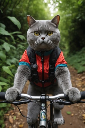 A close-up shot of a British Shorthair cat, dressed in vibrant cycling attire, effortlessly pedals a mountain bike down a winding trail amidst lush greenery and scattered leaves, the camera's eye level with the bike's handlebars, capturing the determined feline's focused expression as it navigates the terrain.