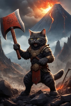 A warrior cat roars, holding a giant axe, near a volcanic crater.