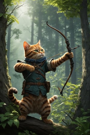 A hunter cat draws a bow, aiming an arrow, on the treetops of a forest.