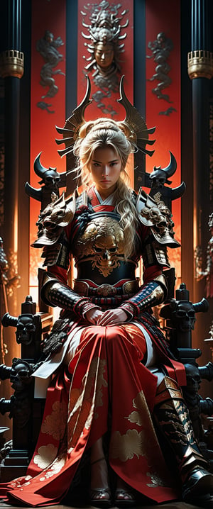 breathtaking RAW photo of female (Hayao Miyazaki style ~ ((20 years old)) Scandinavian blonde female warrior sitting on a bone throne, red armor, highly detailed and intricate, dynamic pose, more detail XL, tetradic colors, epic masterpiece, cinematic experience, 8k, dark fantasy digital art

)), dark and moody style, perfect face, outstretched perfect hands . masterpiece, professional, award-winning, intricate details, ultra high detailed, 64k, dramatic light, volumetric light, dynamic lighting, Epic, splash art .. ), by james jean $, roby dwi antono $, ross tran $. francis bacon $, michal mraz $, adrian ghenie $, petra cortright $, gerhard richter $, takato yamamoto $, ashley wood, tense atmospheric, , , , sooyaaa,IMGFIX,Comic Book-Style,Movie Aesthetic,action shot,photo r3al,bad quality image,oil painting, cinematic moviemaker style,Japan Vibes,H effect,koh_yunjung ,koh_yunjung,kwon-nara,sooyaaa,colorful,bones,skulls,armor,han-hyoju-xl ,DonMn1ghtm4reXL, ct-fujiii
,oiran,furisode,ct-jeniiii, ct-goeuun,yaya, HanFu,golden kimono,kamado nezuko,sword maiden,theresa apocalypse,koling,ct-rosseeiiee,ct-rosseeiiee,ct-virtual