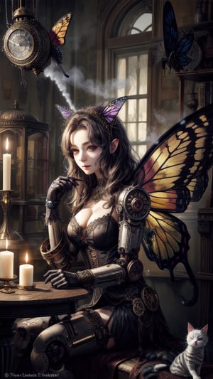 Steampunk Faery Girl,  Butterfly Wings, robot Cat, in a candle lit room ,STEAM PUNK