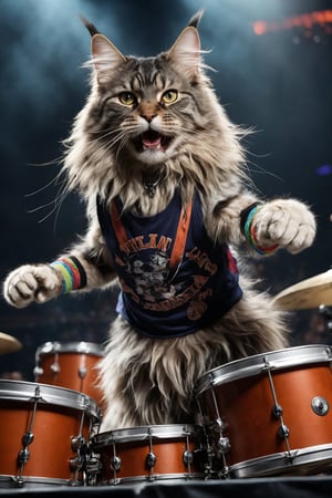 A Maine Coon cat rapidly beats the drums, wearing a sports tank top and wristbands, at a large concert venue.