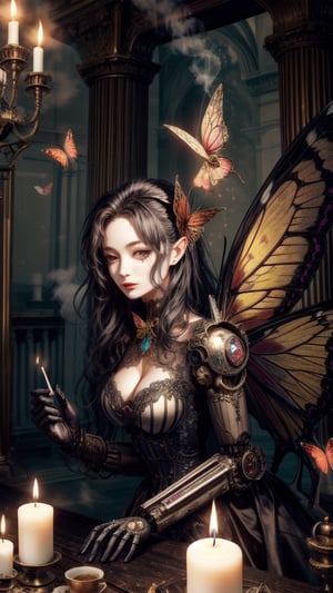 Steampunk Faery Girl,  Butterfly Wings, robot Cat, in a candle lit room ,STEAM PUNK