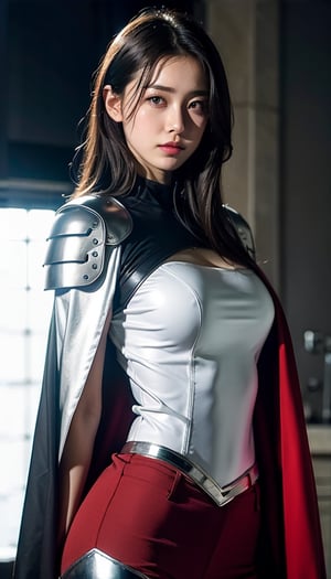 Android 18 has waist-length straight black hair, with slightly curled ends giving her a cool, beautiful look. She wears silver-white armor with blue gems shining on her chest and shoulders, and a red cape flowing behind her. Standing in a high-tech laboratory, her stern expressionless face and sharp eyes are intimidating.